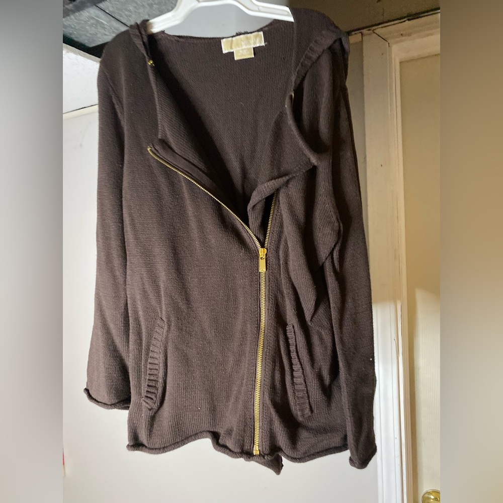 Michael Kors brown knit hoodie with lapel detail